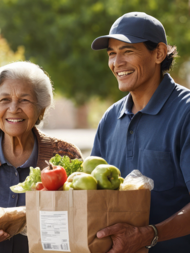 guy helping elderly lady with groceries