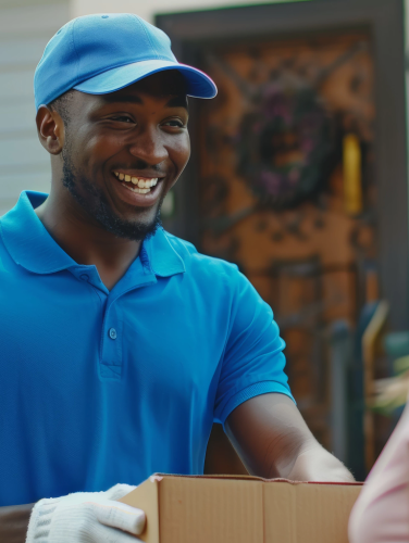 guy handing lady a package