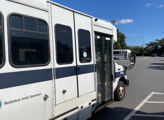 A view of an MTS bus with the dementia fiendly sticker on it.